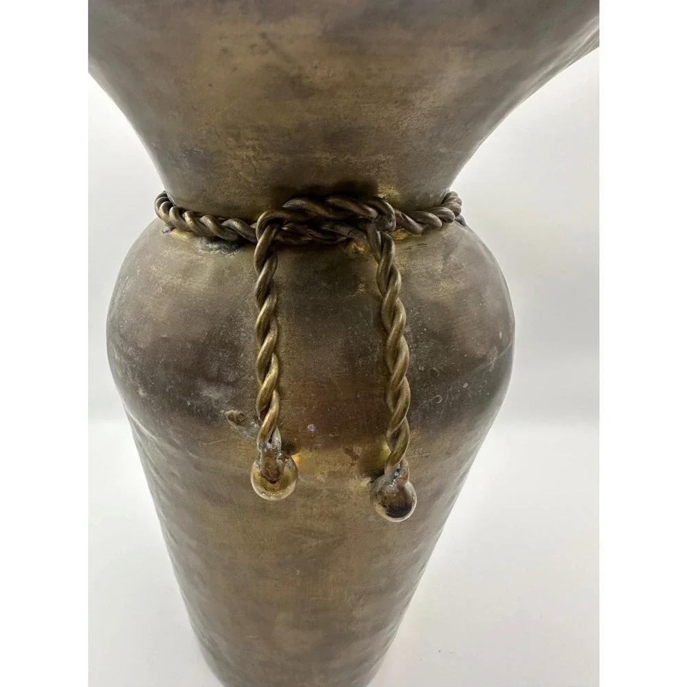 Vintage Hammered Brass Vase Ruffled Scalloped Rim Twisted Rope Detail 9‎ Inch